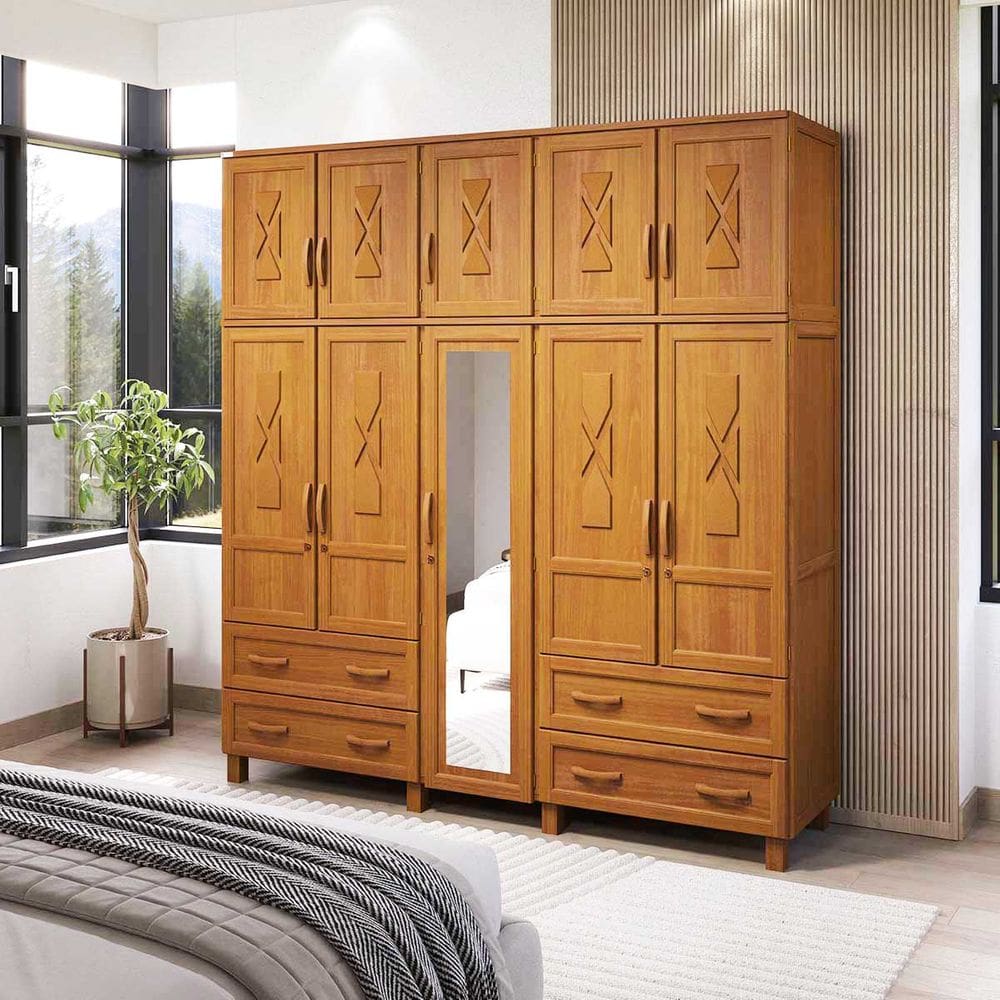 Guarda-Roupa Florença com 10 Portas, Maleiro e 4 Gavetas em Madeira Pinus Carvalho Acetinado - Tozzeto
