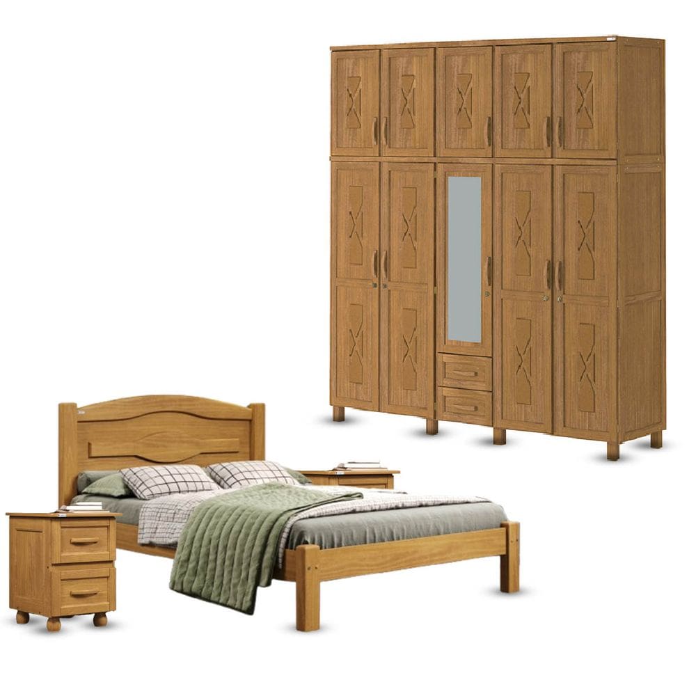 Conjunto Quarto Casal Guarda-Roupa 10 Portas Cama e 2 Mesas de Cabeceira em Madeira Pinus Carvalho - Tozzeto