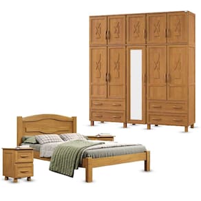 Conjunto Quarto Casal Guarda-Roupa Florença 10 Portas Cama e 2 Mesas de Cabeceira Madeira Pinus Carvalho - Tozzeto