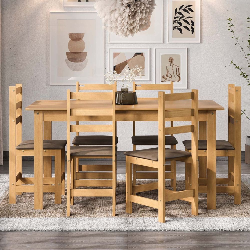 Conjunto Mesa 154cm com 6 Cadeiras Tecido Chocolate em Madeira Pinus e MDF Freijó Acetinado - Tozzeto