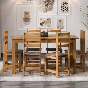 Conjunto Mesa 154cm com 6 Cadeiras Tecido Chocolate em Madeira Pinus e MDF Carvalho Acetinado - Tozzeto