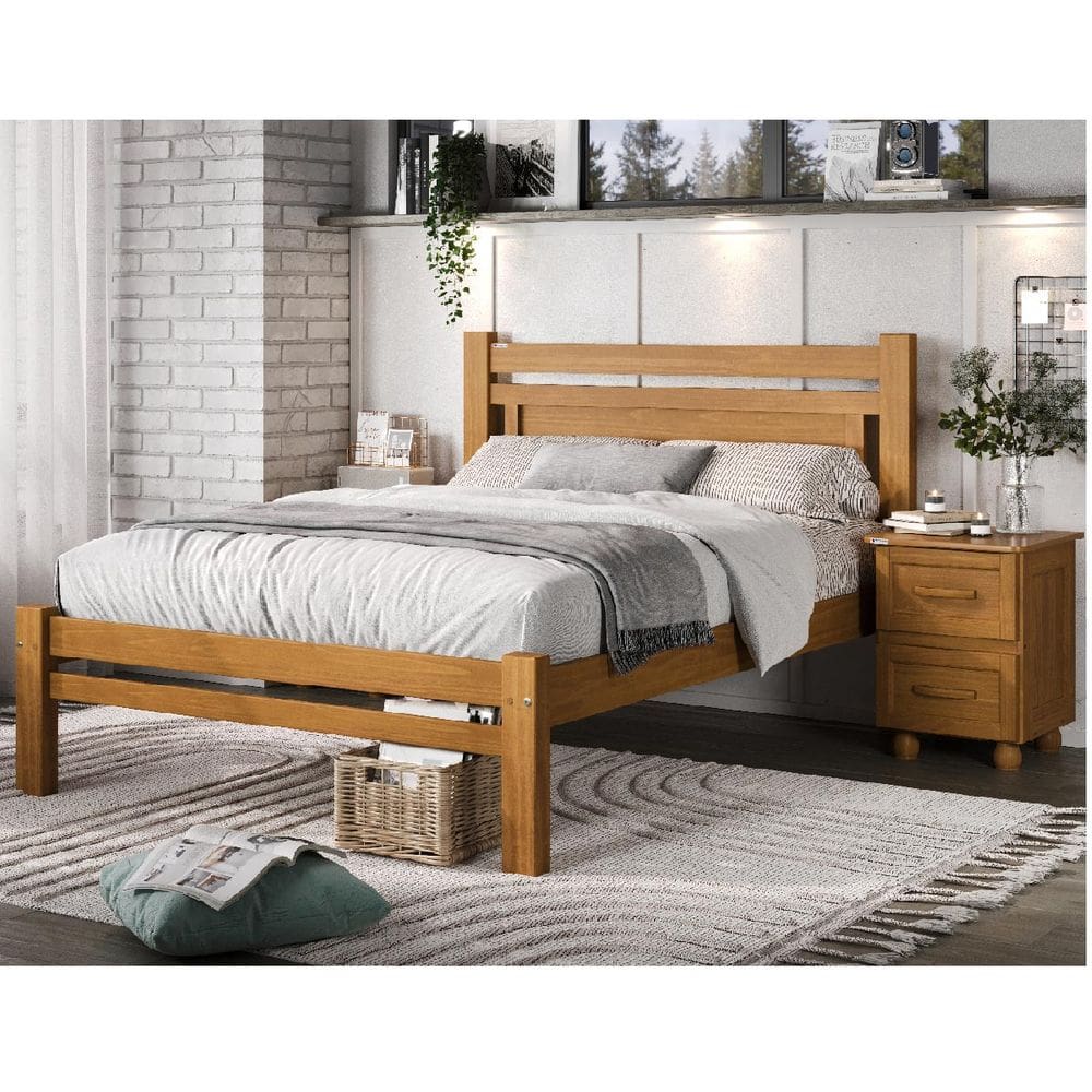 Conjunto Quarto Casal com Cama e 2 Mesas de Cabeceira em Madeira Pinus Carvalho Acetinado - Tozzeto