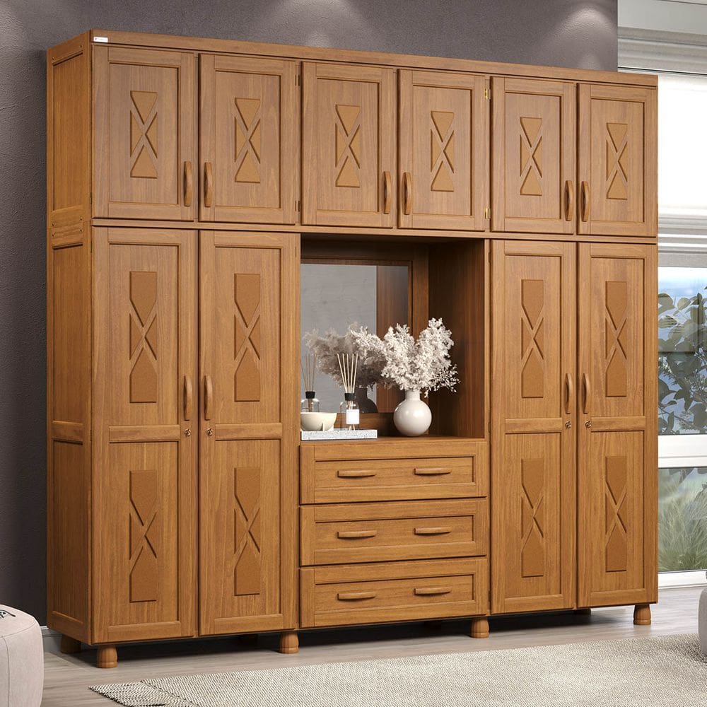 Guarda-Roupa Capelinha Viena com 10 Portas e 3 Gavetas em Madeira Pinus Carvalho Acetinado - Tozzeto