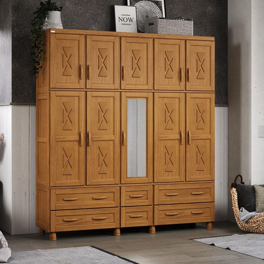 Guarda-Roupa Caribe com 10 Portas, Maleiro e 6 Gavetas em Madeira Pinus Carvalho Acetinado - Tozzeto