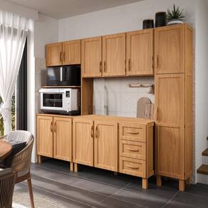 Armário de Cozinha Modular 4 peças: Balcão, Aéreo, Paneleiro e Torre Quente Madeira Pinus Freijó - Tozzeto