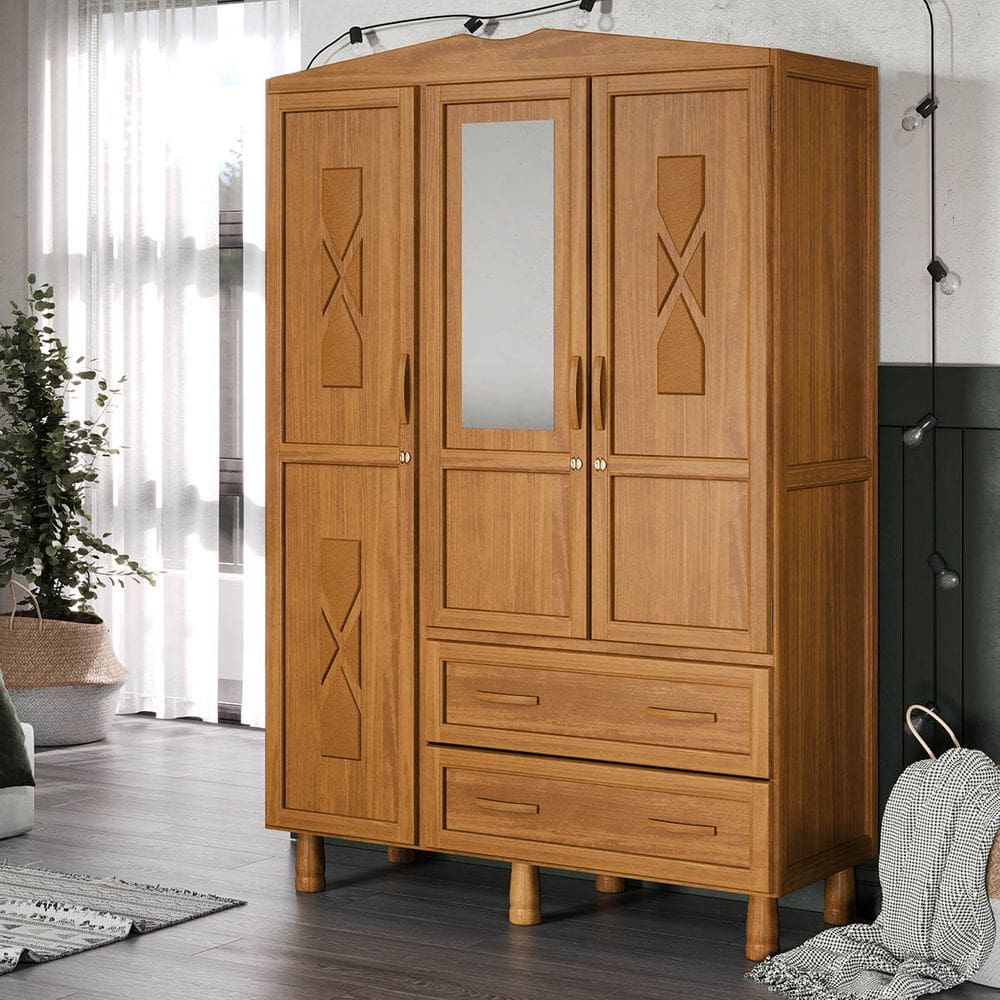 Guarda-Roupa Prático com 3 Portas e 2 Gavetas em Madeira Pinus Carvalho Acetinado - Tozzeto