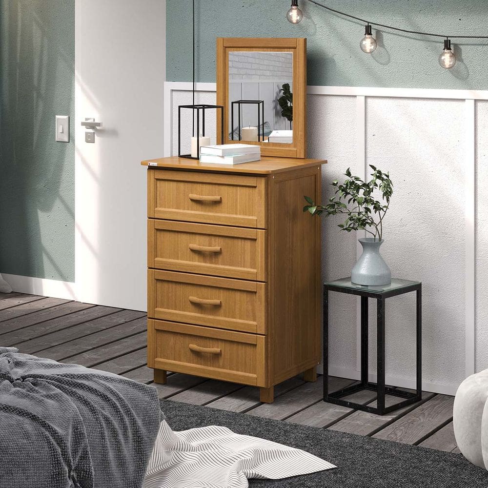 Cômoda Itália 4 Gavetas com Moldura com Espelho em Madeira Pinus Carvalho Acetinado - Tozzeto
