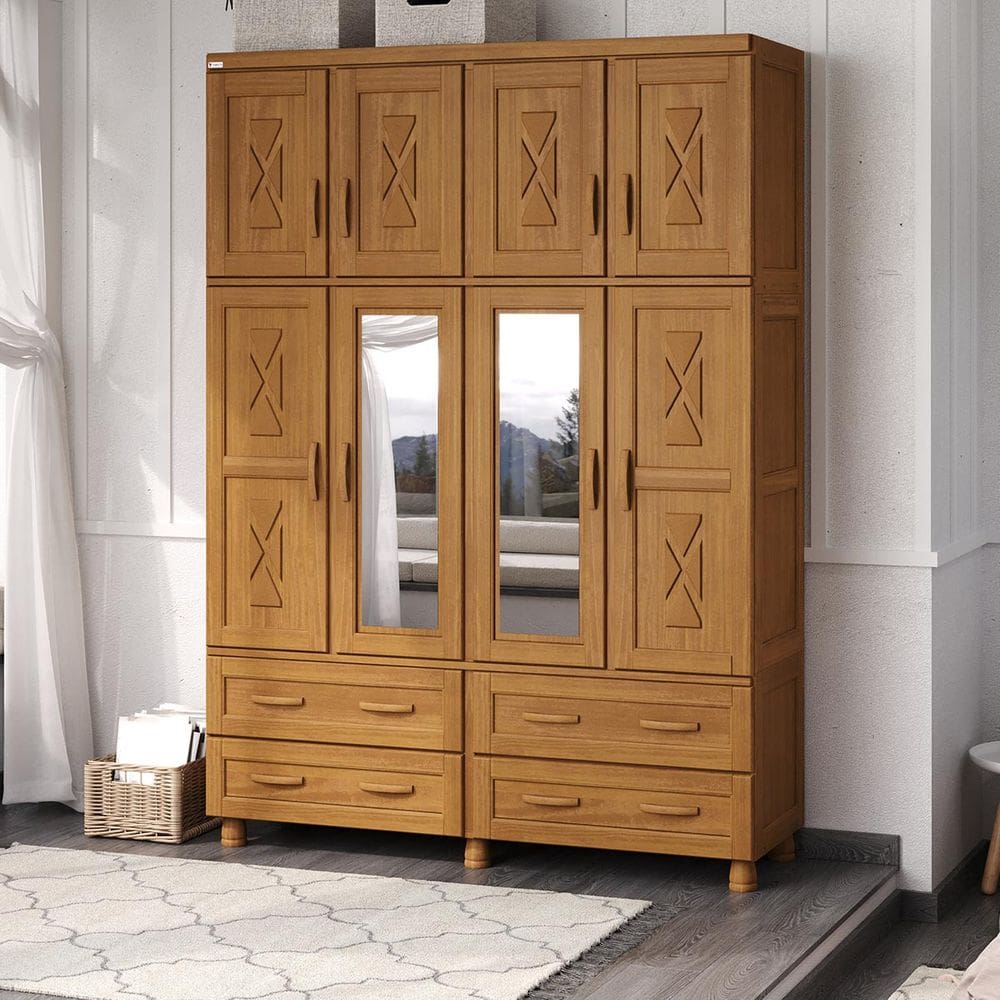 Guarda-Roupa Caribe com 8 Portas, Maleiro e 4 Gavetas em Madeira Pinus Carvalho Acetinado - Tozzeto