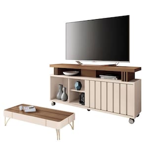 Rack Bancada Rivera 1.3 com Mesa de Centro Cadenza Castanho Off White - HB Móveis