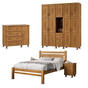 Conjunto Quarto Casal Guarda-Roupa 9 Portas Cama Cômoda Sapateira 2 Mesas de Cabeceira em Madeira Pinus Carvalho - Tozzeto