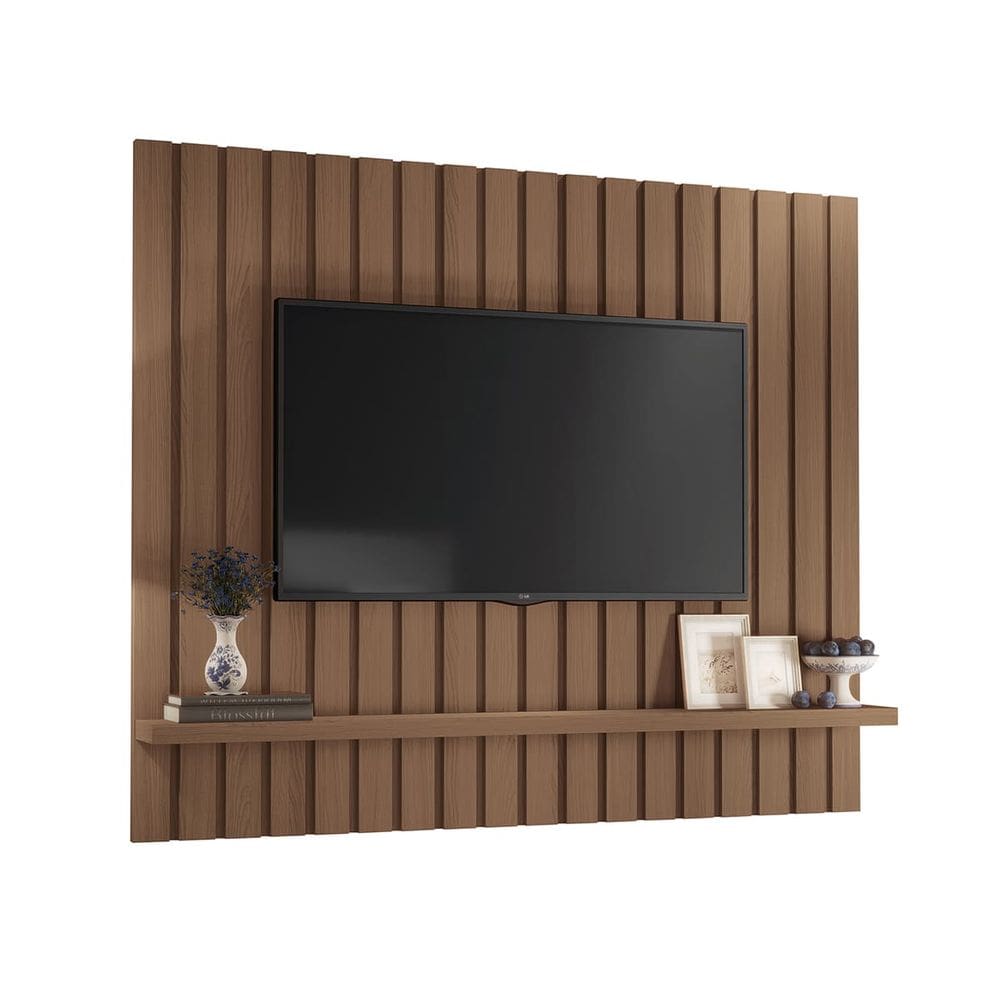 Painel Ripado Pisa 160x135 com Prateleira Flex Castanho EdeCasaMoveis