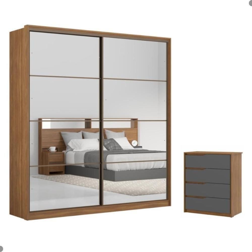 Conjunto Quarto Guarda Roupa Com 2 Espelhos E Comoda Napolis Amendola Grafito