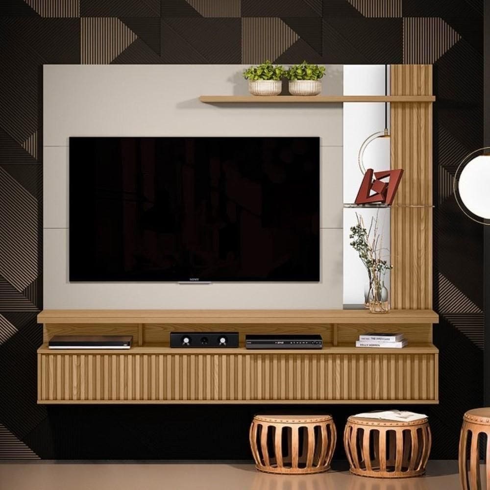 Painel Para Ripado Com Porta Mandonie Carvalho Off White