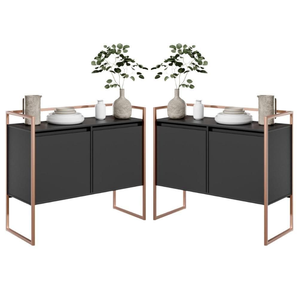 Conjunto Buffet Aparador Industrial 2 Portas Preto Cobre