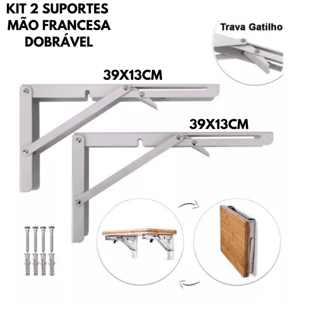 Kit 2 Suportes Mão Francesa Dobrável Tamanho Grande 39x13cm