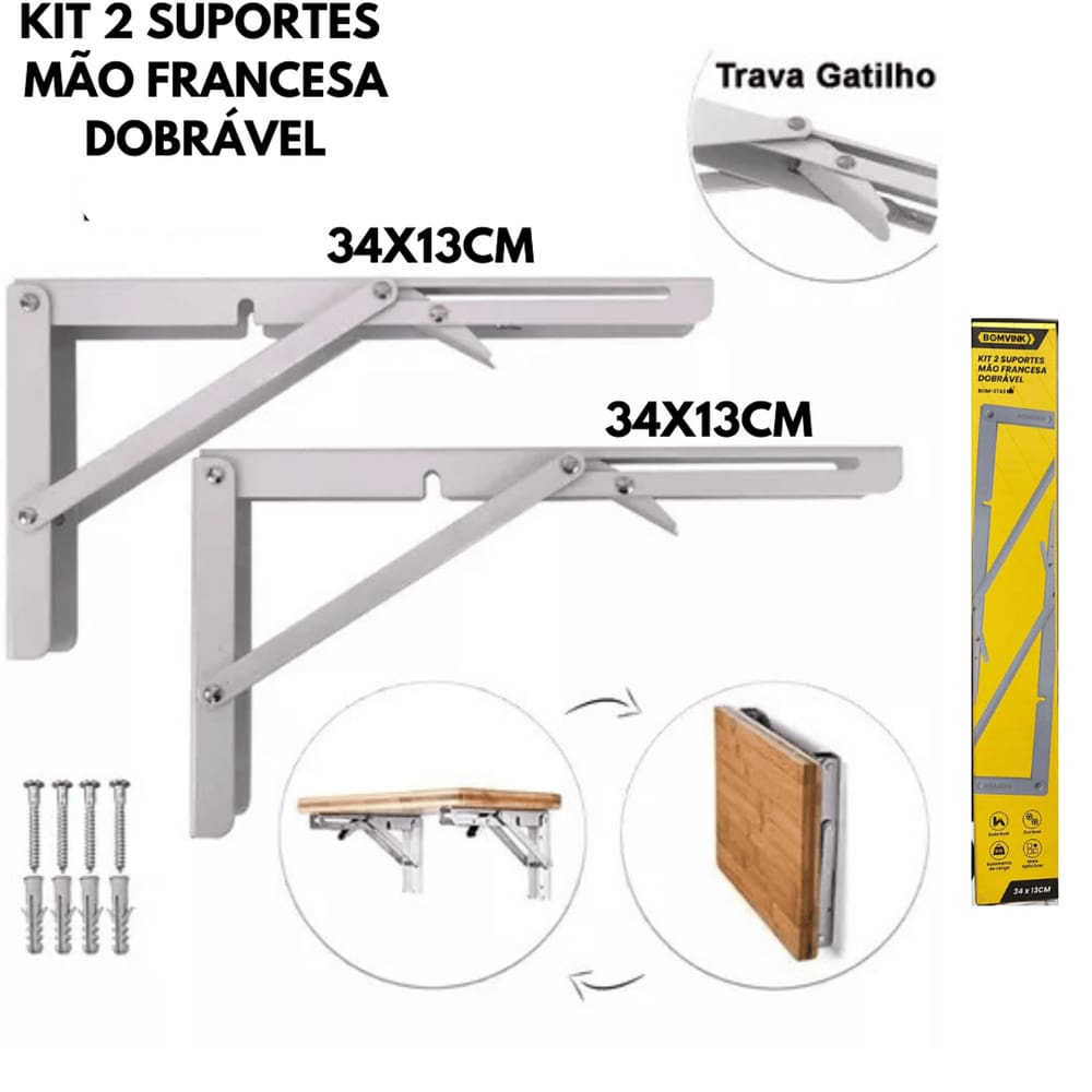 Kit 2 Suportes Mão Francesa Dobrável Tamanho Médio 34x13cm