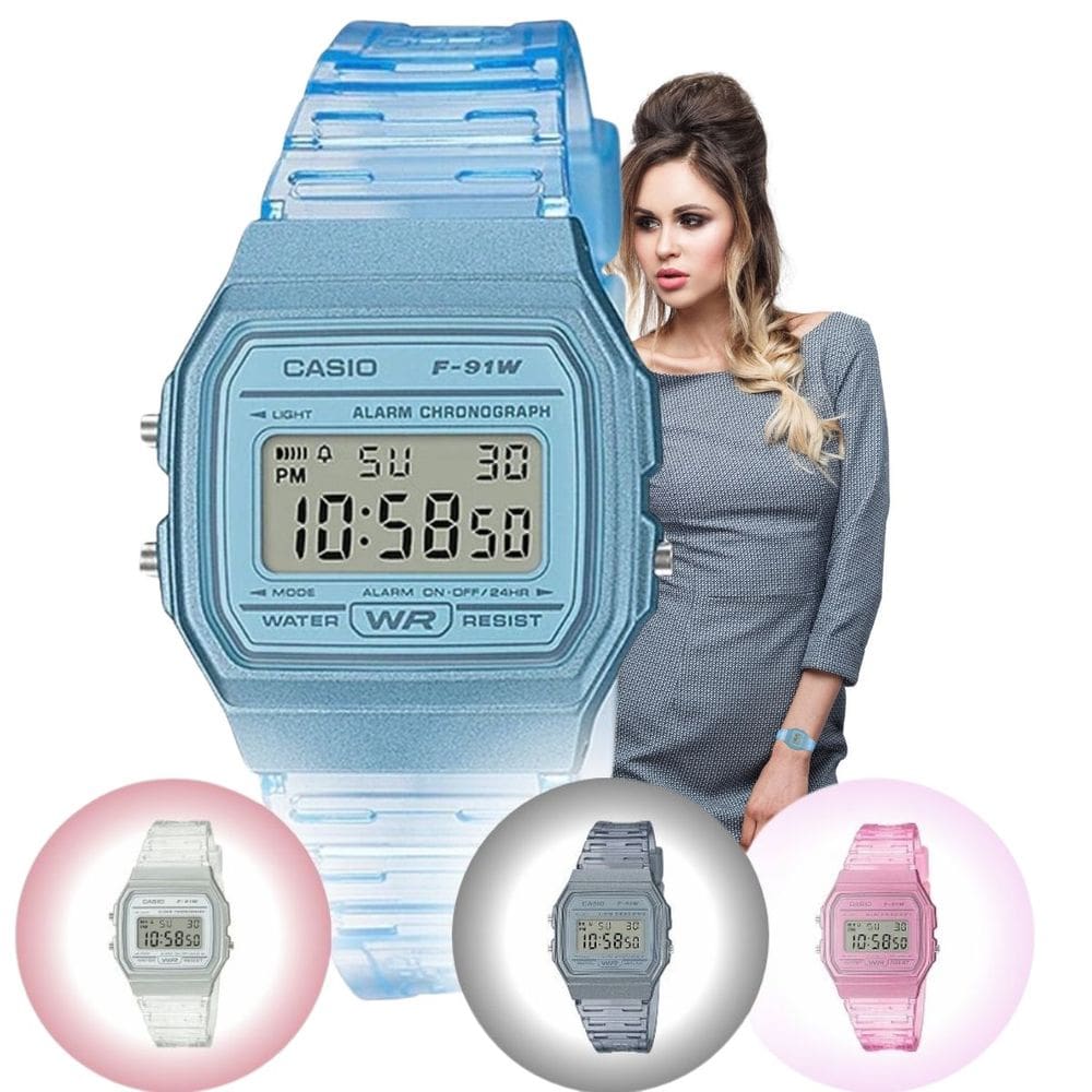 Relógio de Pulso Casio Vintage Feminino Digital Esportivo Leve Transparente Azul Rosa Cinza F-91WS
