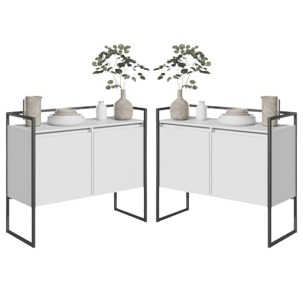 Conjunto Buffet Aparador Industrial 2 Portas Branco Preto