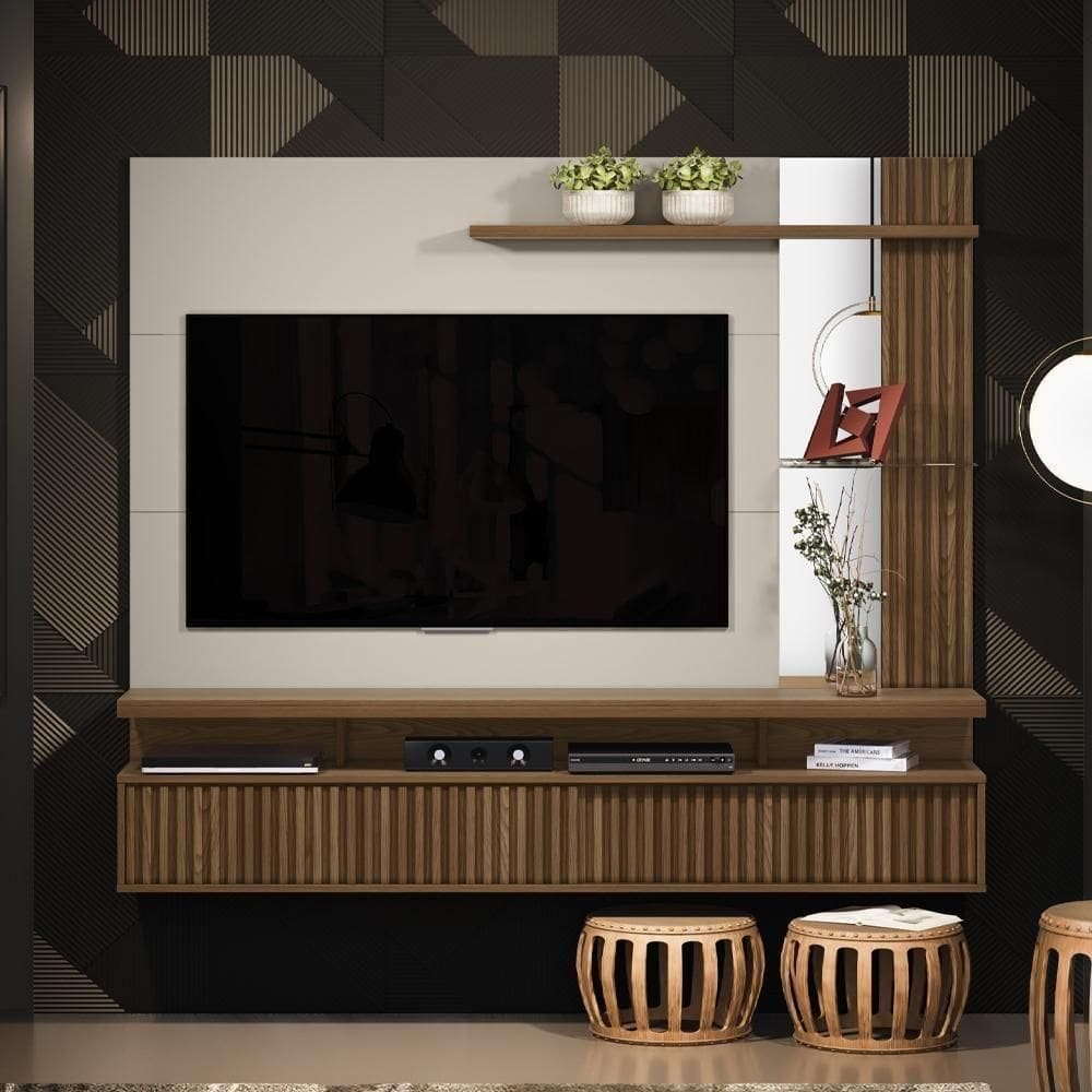 Painel Para Ripado Com Porta Mandonie Freijó Off White