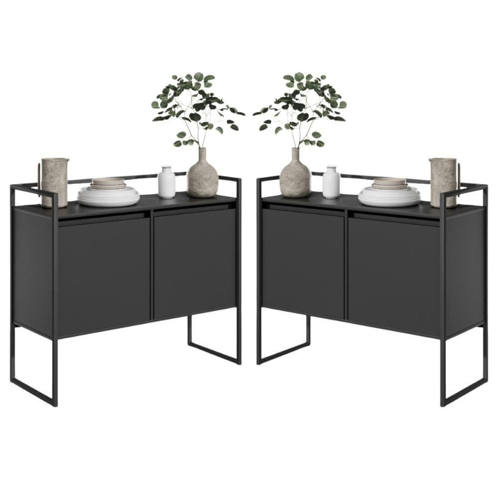 Conjunto Buffet Aparador Industrial 2 Portas Preto
