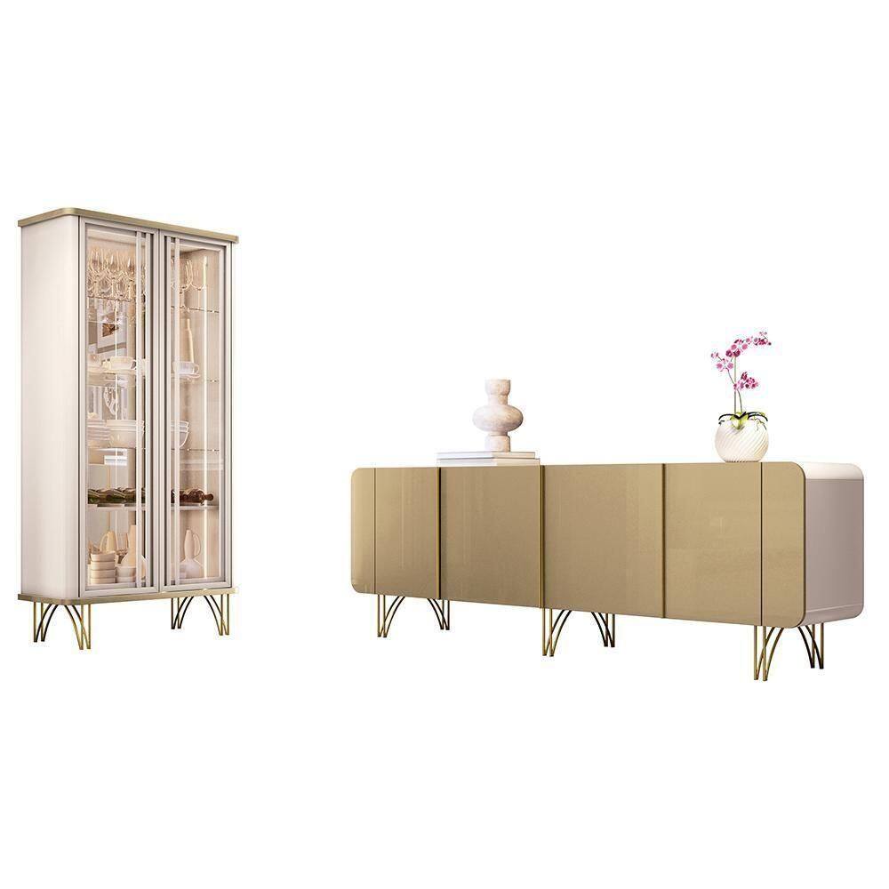 Sala De Jantar Com Cristaleira évora E Balcão Buffet Saluti Off White-champanhe Hb Móveis Off White-champanhe