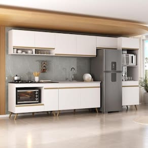 Armário De Cozinha Modulada Completa 6 Pçs Com Balcão Para Cooktop Veneza Multimóveis Mp2273 Branco/dourado