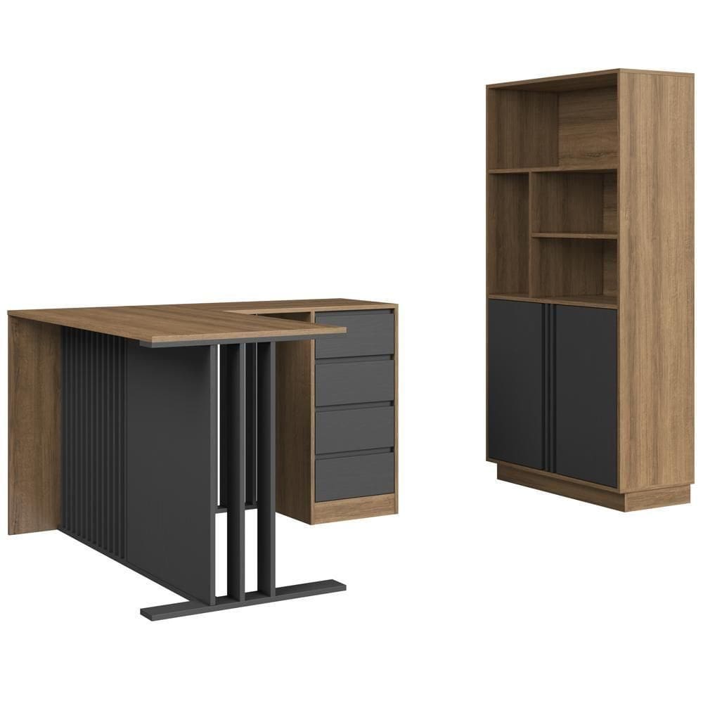 Mesa Em L E Armario Para Escritorio Office Cm4001 Faem Mel Grafite