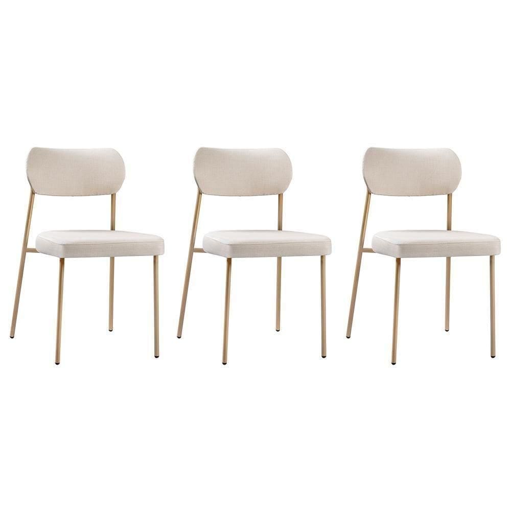 Conjunto 3 Cadeiras Lavínia Linho Bege/aço Champanhe- Salaone Linho Bege/aço Champanhe