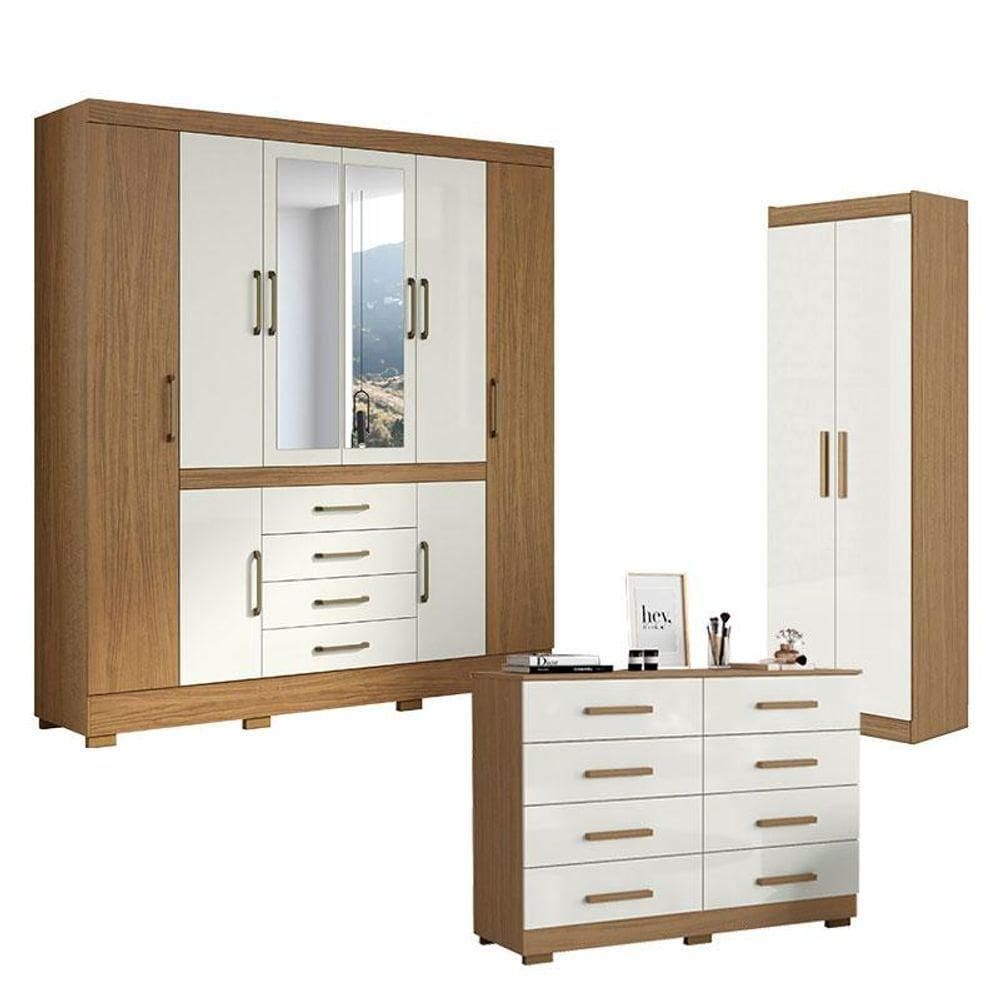 Guarda Roupa Casal Nápole 2045149 E Armário Multiuso 2000191 E Cômoda 2014148 Atacama Off White - Aramóveis