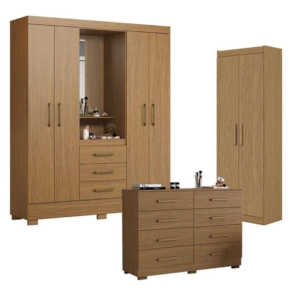 Guarda Roupa Solteiro Paris 2045150 Com Armário Multiuso 2000191 E Cômoda 2014148 Atacama - Aramóveis