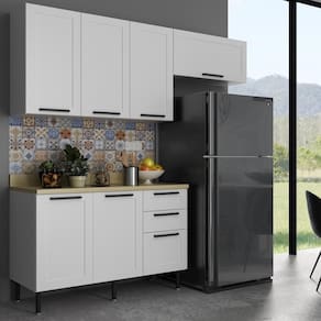 Cozinha Compacta Mdf 3 Peças Com Armários E Balcão Com Tampo Multimóveis Cr20456 Branco/carvalho Tropical