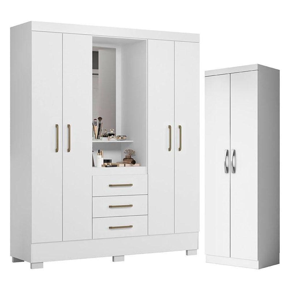 Guarda Roupa Solteiro Paris 2045150 E Armário Multiuso New 2000192 Branco - Aramóveis