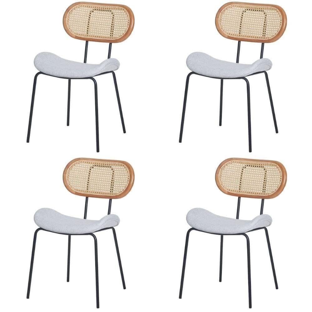 Kit 4 Cadeiras Toscana Fratini Estrutura Aço Preto Encosto Madeira Tela Rattan Assento Tecido Cinza