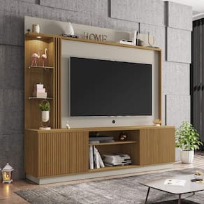 Rack Com Painel Para Até 65 Polegadas Com Led Vidros E 2 Portas Multimóveis Cr45275 Cinamomo/off White/ripado