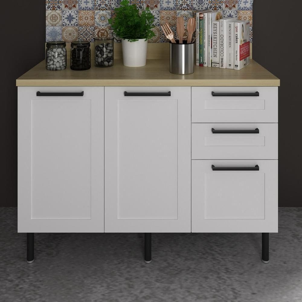 Balcão De Cozinha Em Mdf Com Tampo 2 Portas E 3 Gavetas 120cm Multimóveis Cr20462 Branco/carvalho Tropical