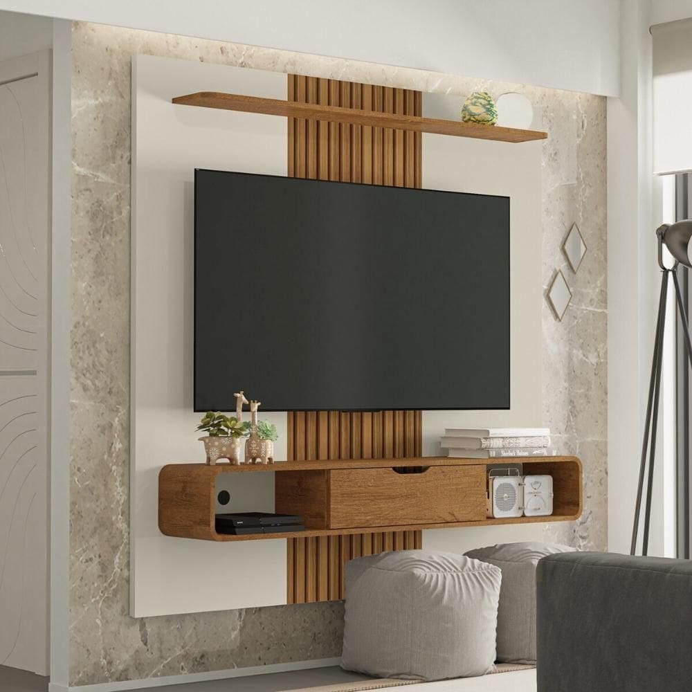 Painel Para Até 65 Polegadas Com 1 Porta Basculante E Nichos Multimóveis Cr45287 Off White/naturalle/ripado