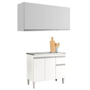 Balcão De Pia Tatiane 100cm E Armário Aéreo Andréia 3 Portas Branco Brilho - Ajl