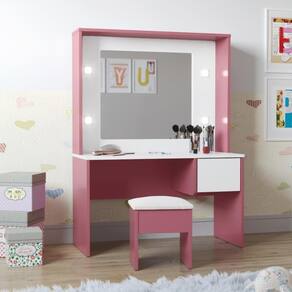 Penteadeira Infantil Diana Led E Banqueta Rosa/branca