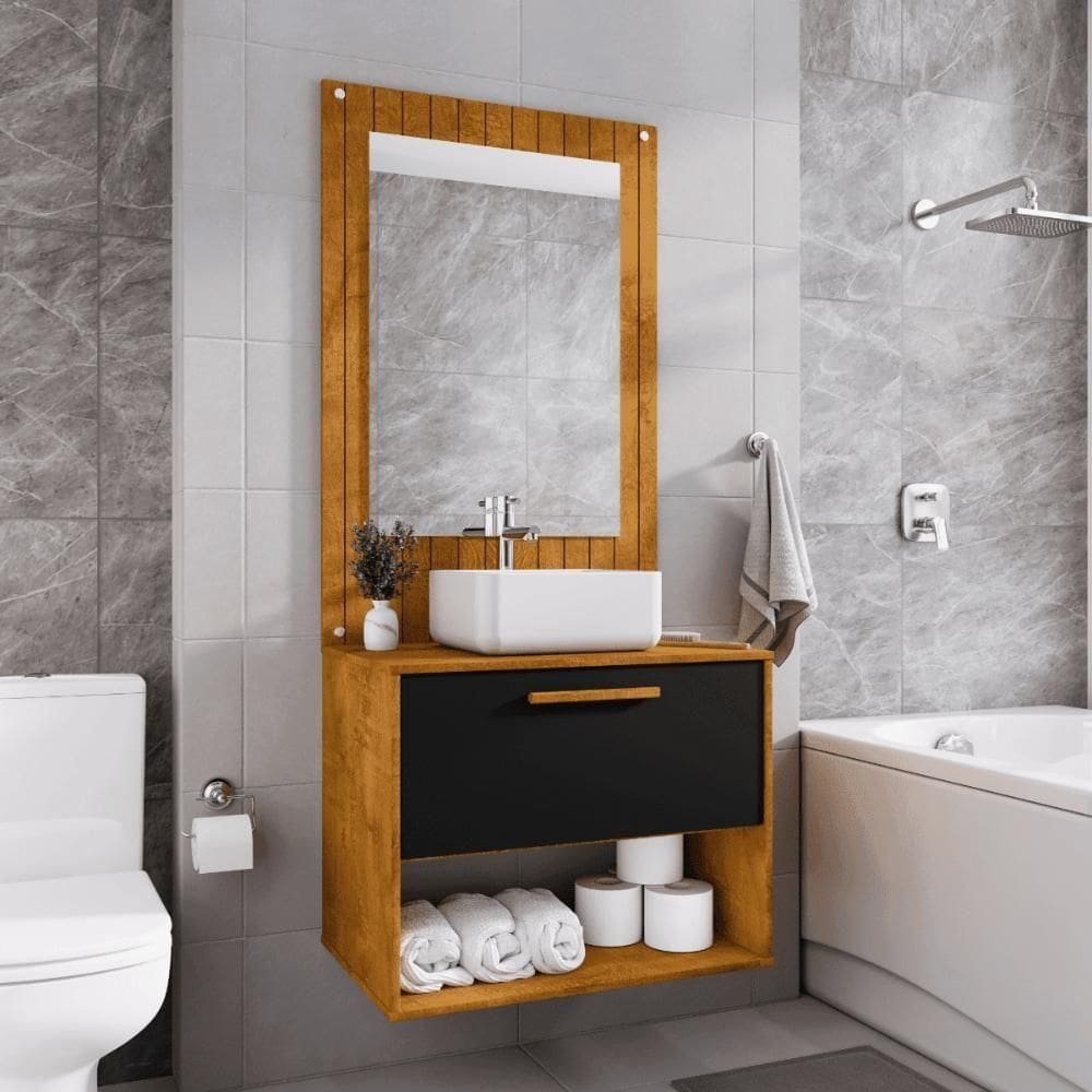 Conjunto Gabinete C/ Espelheira Para Banheiro Zenit Naturalle/preto Fosco