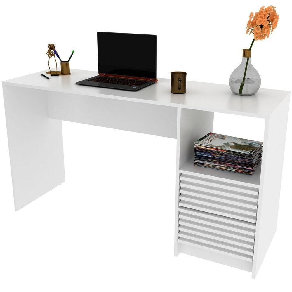 Escrivaninha Mesa De Escritório 2 Gavetas Ripado Branco