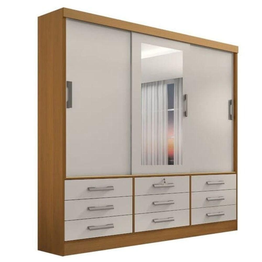 Guarda Roupa Casal Com Espelho 3 Portas 9 Gavetas - Meridian -cinamomo-off White - Móveis D`doro