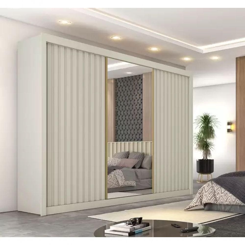 Guarda Roupa Casal 3 Portas Com Espelho - Horizonte-peroba-off White - Móveis Europa
