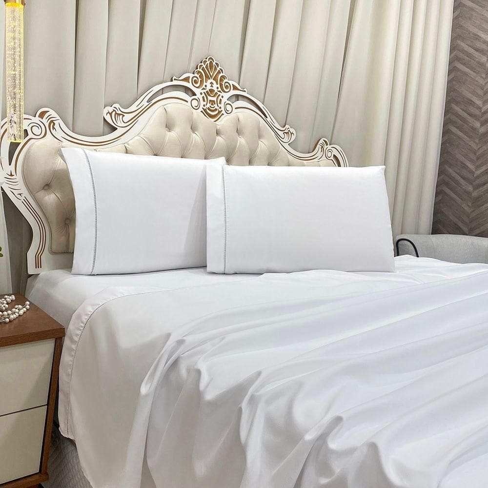 Jogo De Cama Lençol Queen Realce Percal 400 Fios 3 Peças - Branco - 100% Poliéster