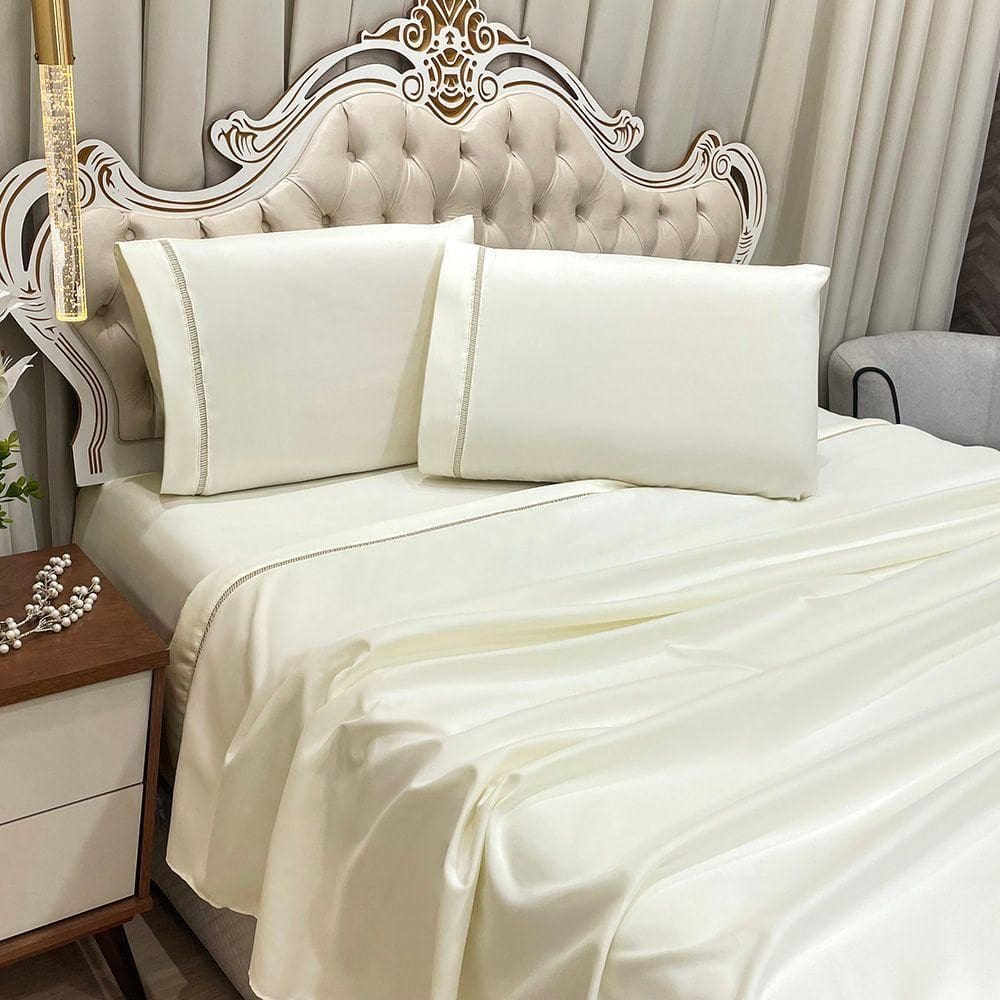 Jogo De Cama Lençol Queen Realce Percal 400 Fios 3 Peças - Palha - 100% Poliéster