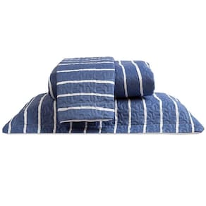 Cobre Leito Casal Padrão Bouti Basic Estampado 180 Fios 3 Peças - Listra Azul Marinho
