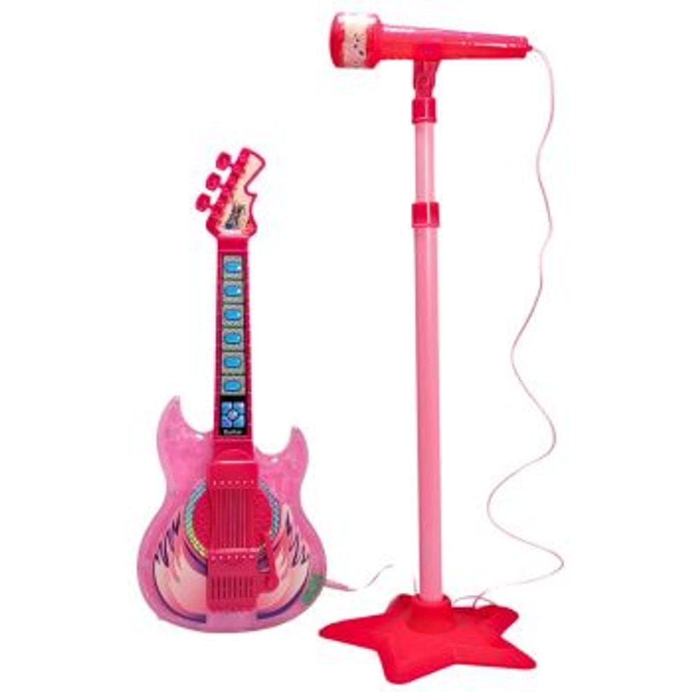 Guitarra Microfone Pedestal Infantil Rock Show Rosa DMToys com Luzes Som Conecta Celular MP3 Karaoke