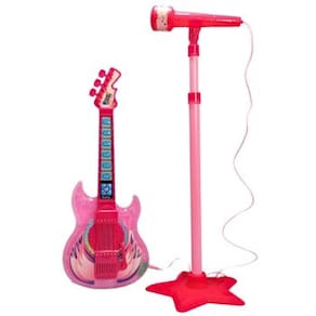 Guitarra Microfone Pedestal Infantil Rock Show Rosa DMToys com Luzes Som Conecta Celular MP3 Karaoke