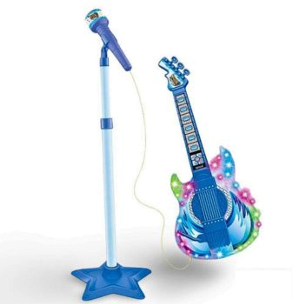 Guitarra Microfone Pedestal Infantil Rock Show Azul DMToys com Luzes Som Conecta Celular MP3 Karaoke
