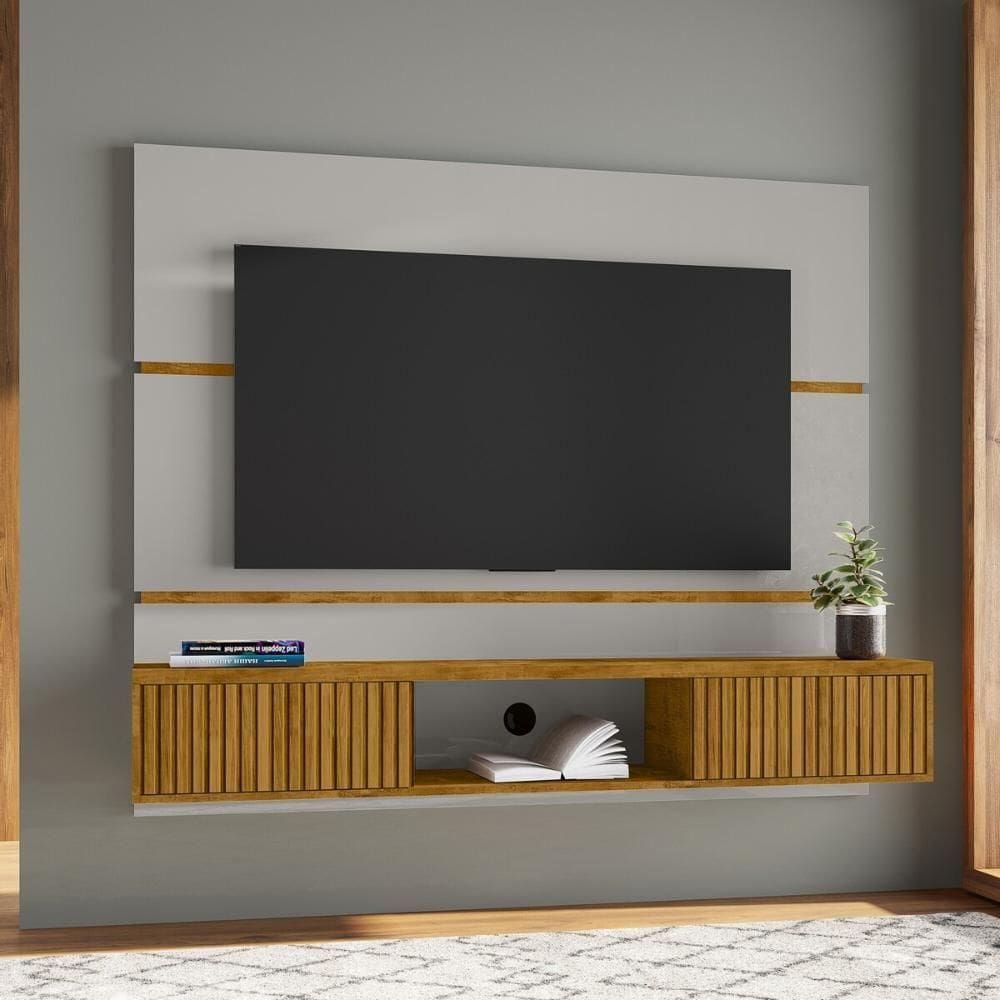 Painel Para Até 65 Polegadas Com 2 Portas Basculantes Multimóveis Cr45281 Off White/naturalle/ripado