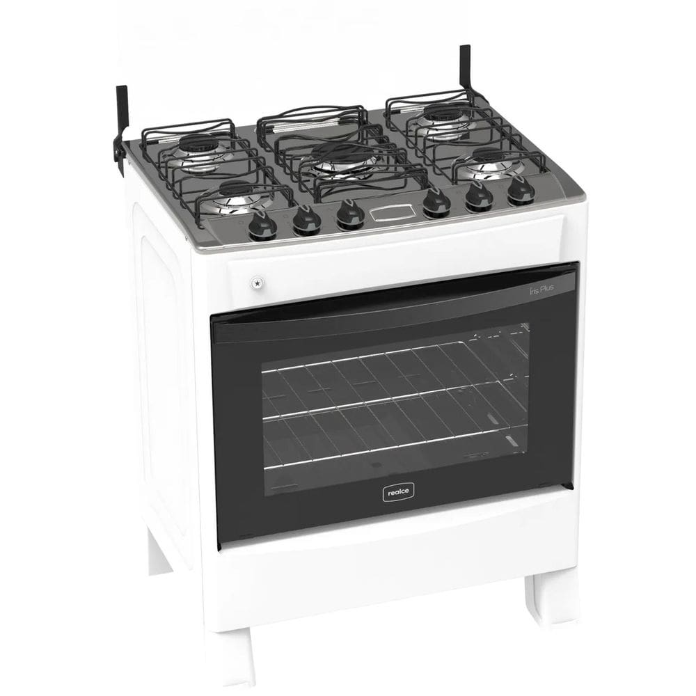 Fogão 5 Bocas Branco Iris Plus com Forno 94 L em Aço Inox Realce